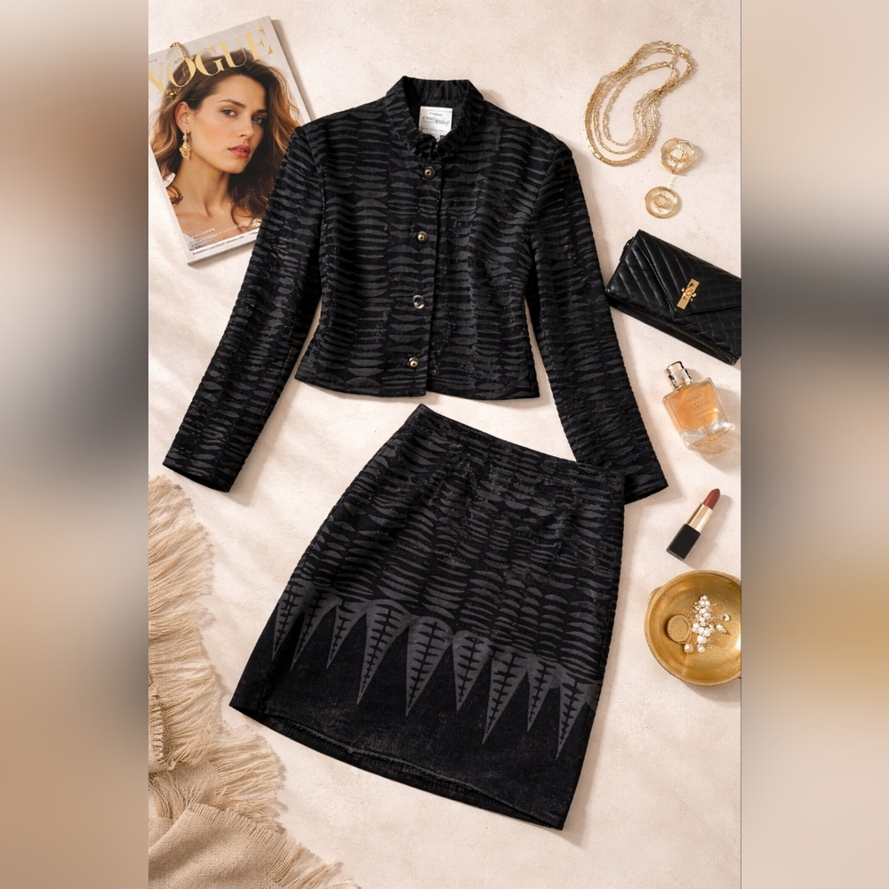 Striking Vintage Velvet Burnout Black Geometric Print Joseph Ribkoff Skirt set